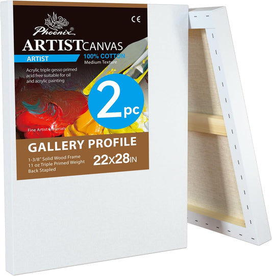 PHOENIX 22x28 Inch 2 Pack Gallery Canvas - 1.5 in Thick Large Canvases for Painting - Deep Edge 100% Cotton 11 Oz. Gesso Primed White Blank Professional Canvas Oil & Acrylic Paints