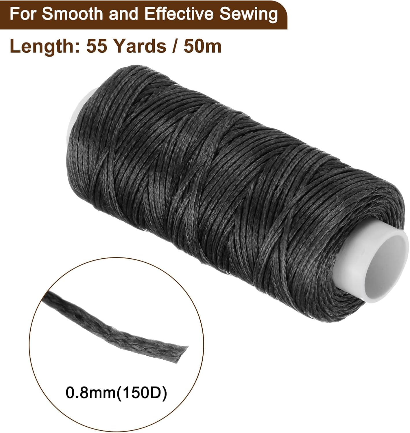 uxcell Leather Sewing Waxed Thread, 55 Yards / 50m 0.8mm 150D Flat Polyester All-Purpose Threads for Leather Crafts, Bookbinding, Black