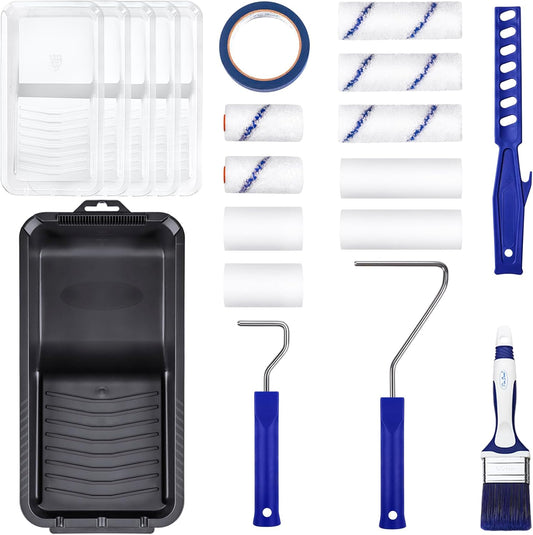 20pcs Small Paint Roller Kit, 4“ 2” Mini Roller Paint Brush with Special Caved-in Edge Foam, Microfiber Rollers and Versatile Paint Tray for Painting Walls, Cabinet, Touch up