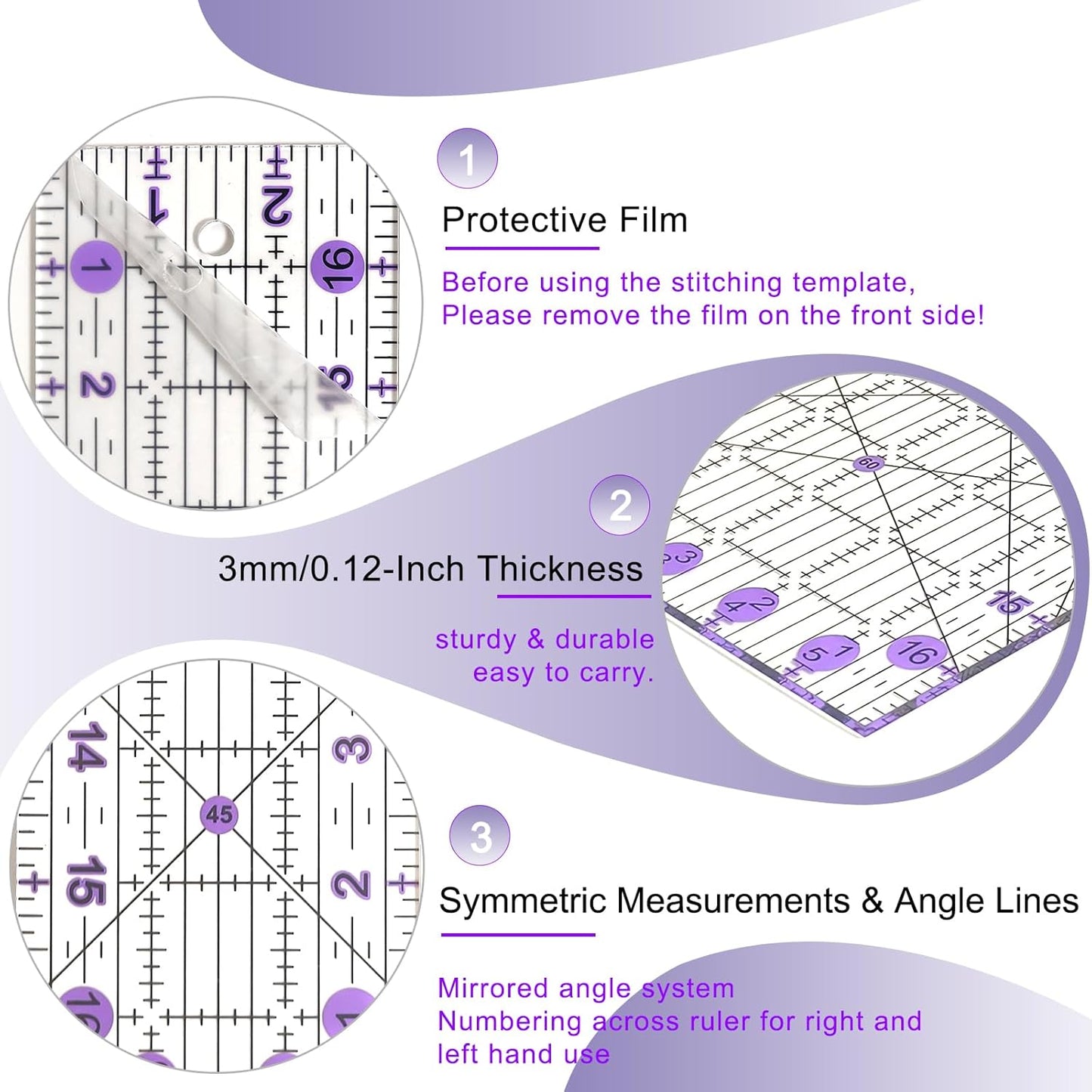 Quilting Ruler, Sewing Ruler, 8 Pack, Acrylic Quilting Templates(6"x17", 3"x17", 2"x16", 1.5"x12", 1"x12", 1"x6", 8"x3"), Non Slip Rings 25 Pieces, Sewing and Quilting Supplies - Clear/Purple