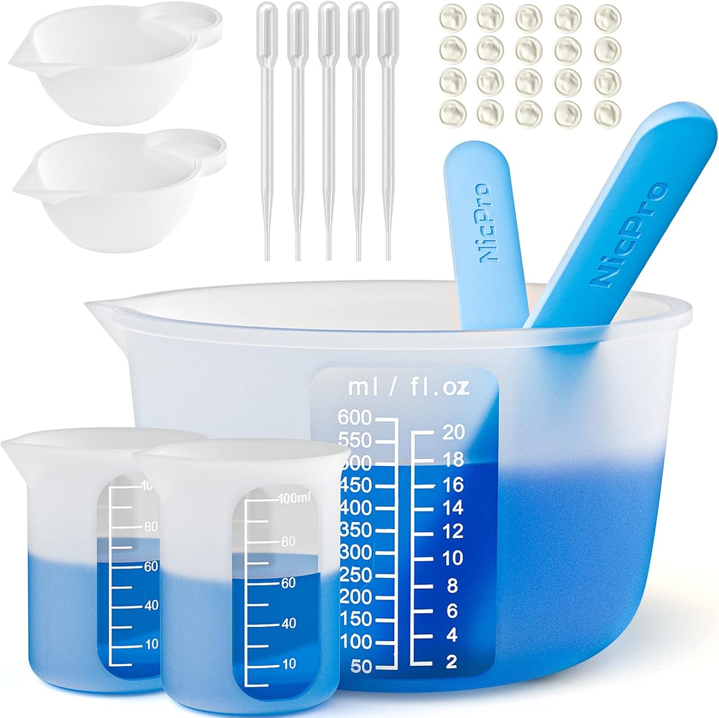 Large Silicone Resin Measuring Cups Tool Kit - Nicpro Reusable 600ml & 100ml Measure Cup, Silicone Stir Sticks Pipettes Finger Cots for Epoxy Resin Mixing, Molds, Jewelry Making, Waxing, Easy Clean