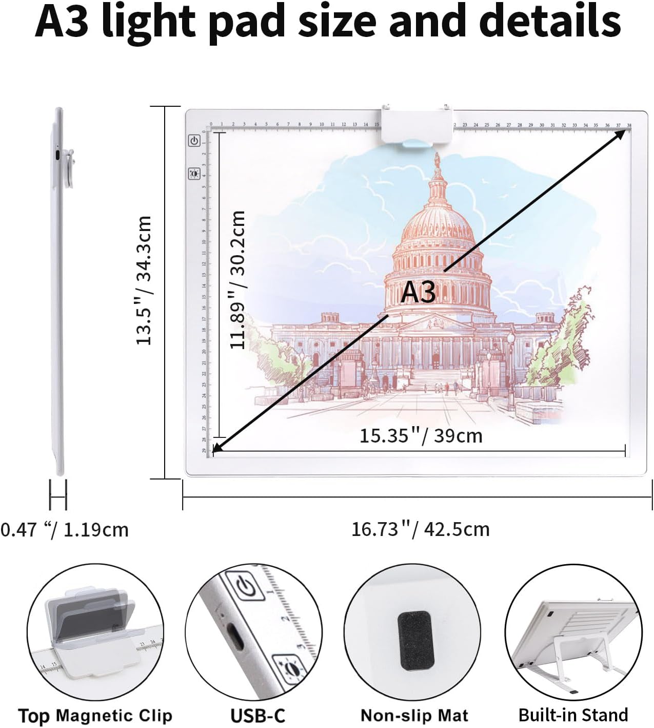 Rechargeable A3 Diamond Art Light Board with Padded Case,Light Pad with Stand,3 Colors Stepless Dimmable and 6 Levels of Brightness Light Box for tracing,Diamond Painting,Drawing,Sketching(White)