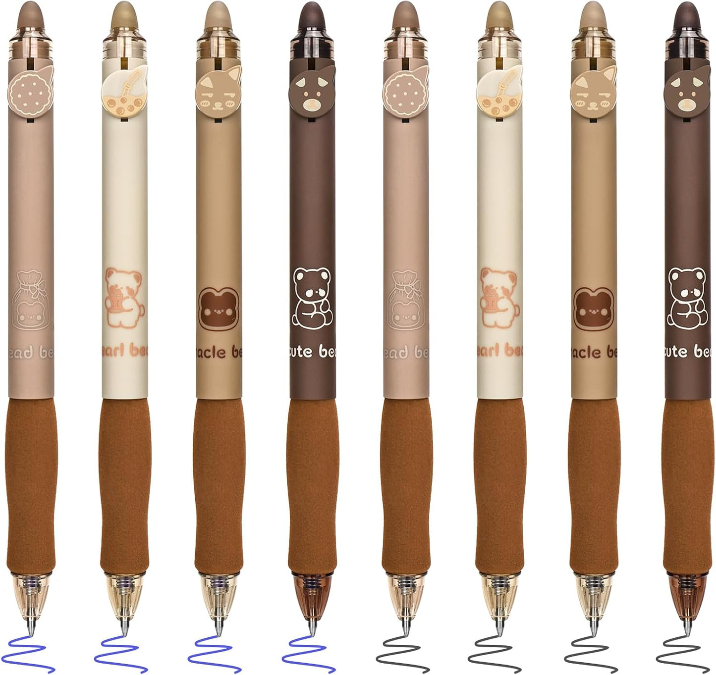 BAYTORY 8Pcs Cute Retractable Erasable Gel Pens, Blue and Black Ink Pen with Eraser Clear, Smooth Writing Comfortable to Use for Note Taking Marking Planner Crossword Puzzles (Coffee)