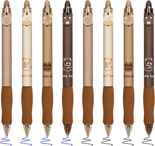 BAYTORY 8Pcs Cute Retractable Erasable Gel Pens, Blue and Black Ink Pen with Eraser Clear, Smooth Writing Comfortable to Use for Note Taking Marking Planner Crossword Puzzles (Coffee)