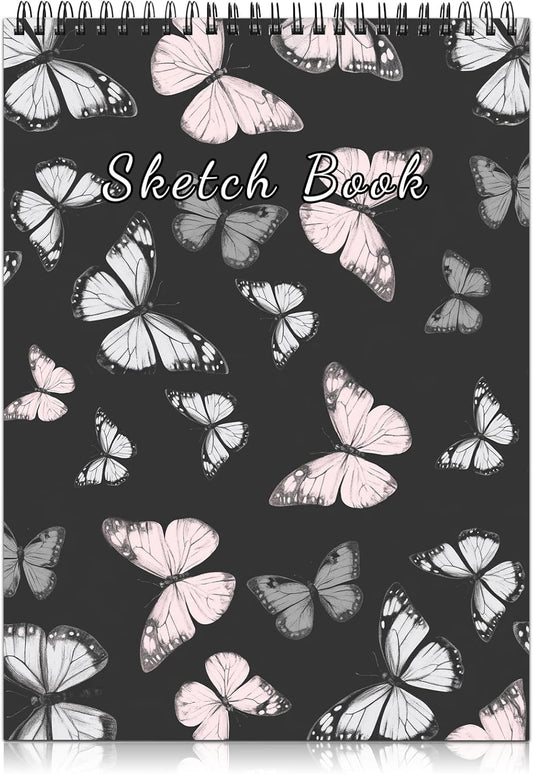 Deokke Sketchbook Top Spiral Bound Sketch Pad, 9 x 12 inch,100GSM Thick Paper,50 Sheets 100 Pages,Art Sketch Book Aesthetic Cute Drawing Writing Paper for Girls Women-Pink Gray Butterfly