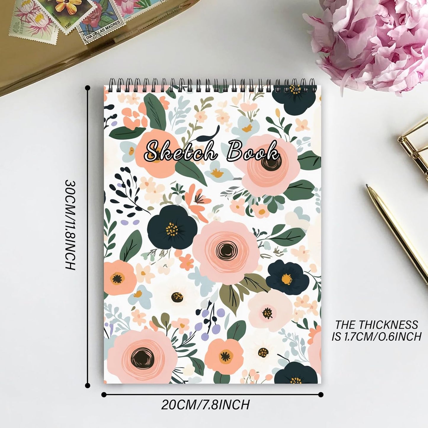 Deokke Sketchbook Top Spiral Bound Sketch Pad, 9 x 12 inch,100GSM Thick Paper,50 Sheets 100 Pages,Art Sketch Book Aesthetic Cute Drawing Writing Paper for Girls Women-Flower