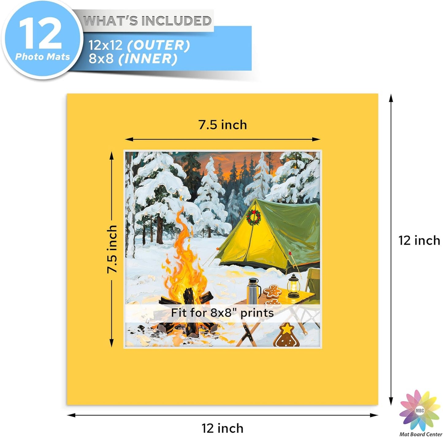 Mat Board Center, 12X12 Mix Color Mats for 8X8 Pictures - Acid Free, 4-Ply Thickness, White Core, Bevel Cut - for Artworks, Photos, Framing - Pack of 12
