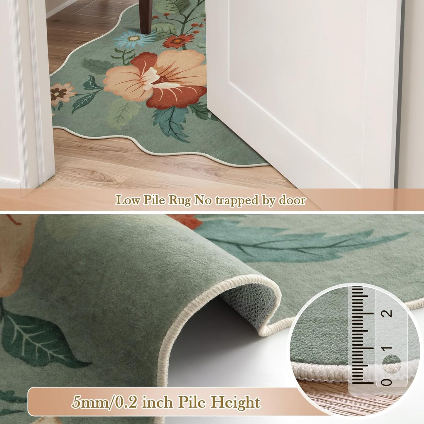 Beeiva Washable Rugs 5x7 - Scalloped Floral Printed Soft Non Slip Green Rug for Bedroom Under Bed Boho Living Room Rugs Ultra-Thin Low Pile Carpet for Playroom Dining Room Dorm(Green,5x7ft)