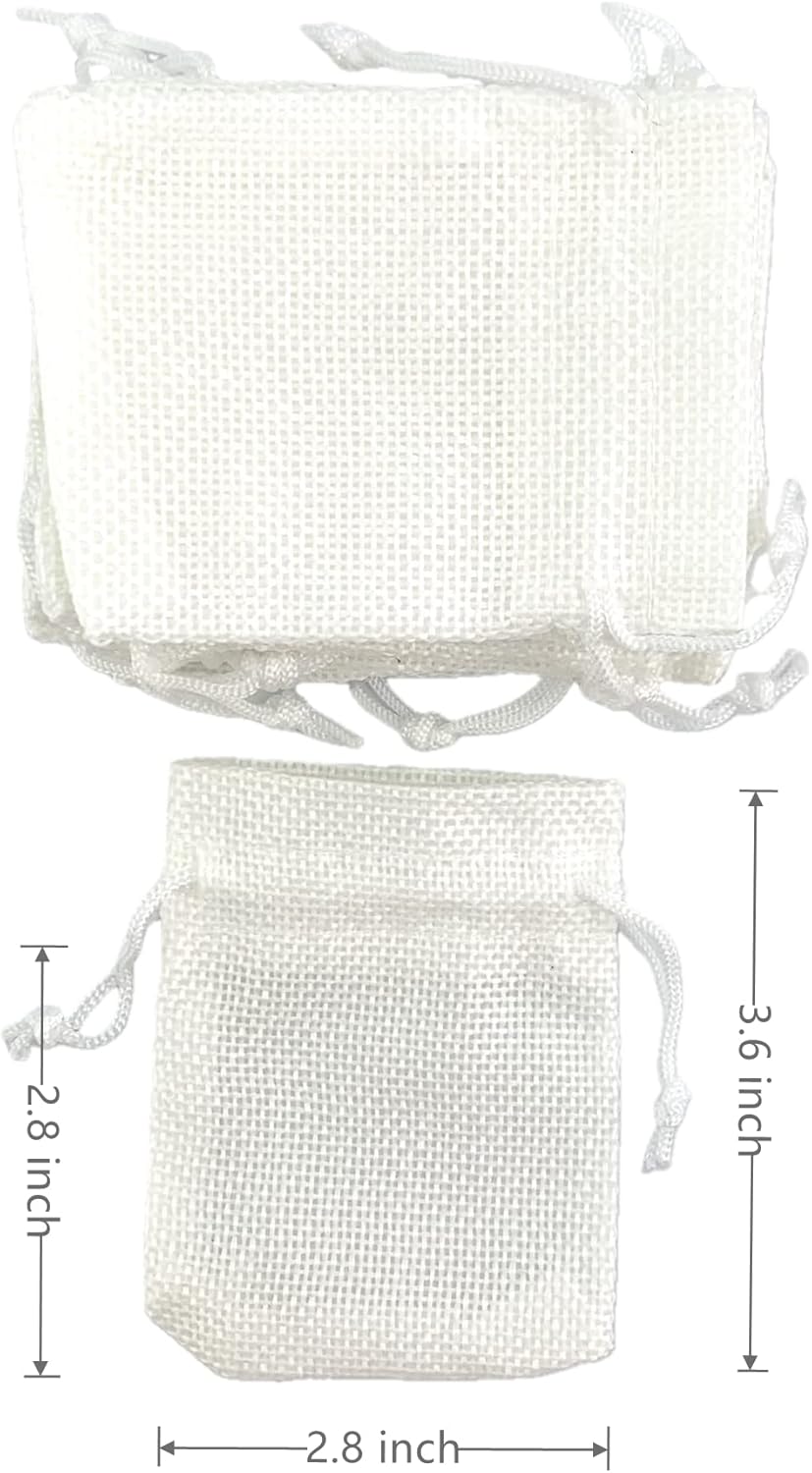 Palmhomee Pack of 25 Burlap Gift Bags with Drawstring Linen Jewelry Pouches Wedding Hessian Jute Bags for Birthday Jewelry and Treat Pouches Party Wedding Favors Gift Art and DIY Craft (2.8x3.6 Inch, White)