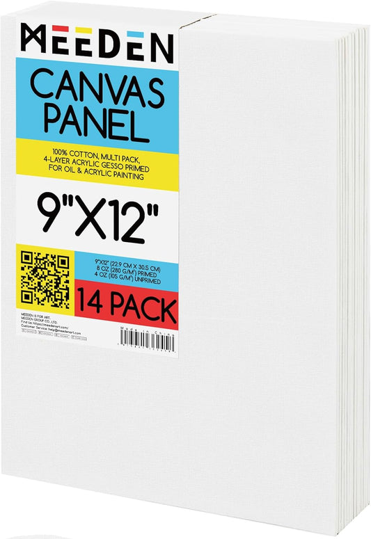 MEEDEN 14-Pack 100% Cotton Canvas Boards for Painting - 9x12'' Blank Canvas Panels for Oil & Acrylic Painting, Ready to Paint Art Supplies for Professional Artists, Students