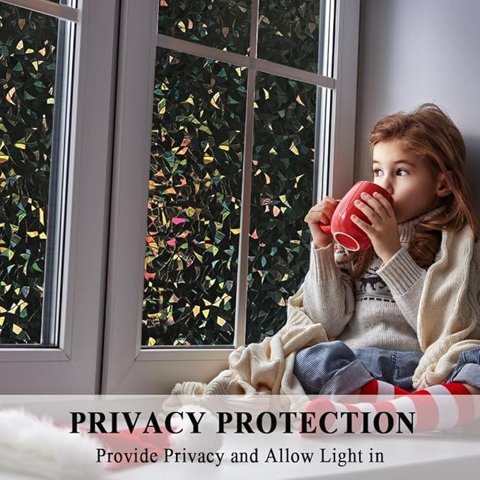 100% Light Blocking Privacy Window Film Blackout 3D Prism Sliding Glass Door Tint Room Darkening Rainbow Static Cling Heat Control Anti UV Removable Cover Decal Contact Paper Home Office,35x78.7in.