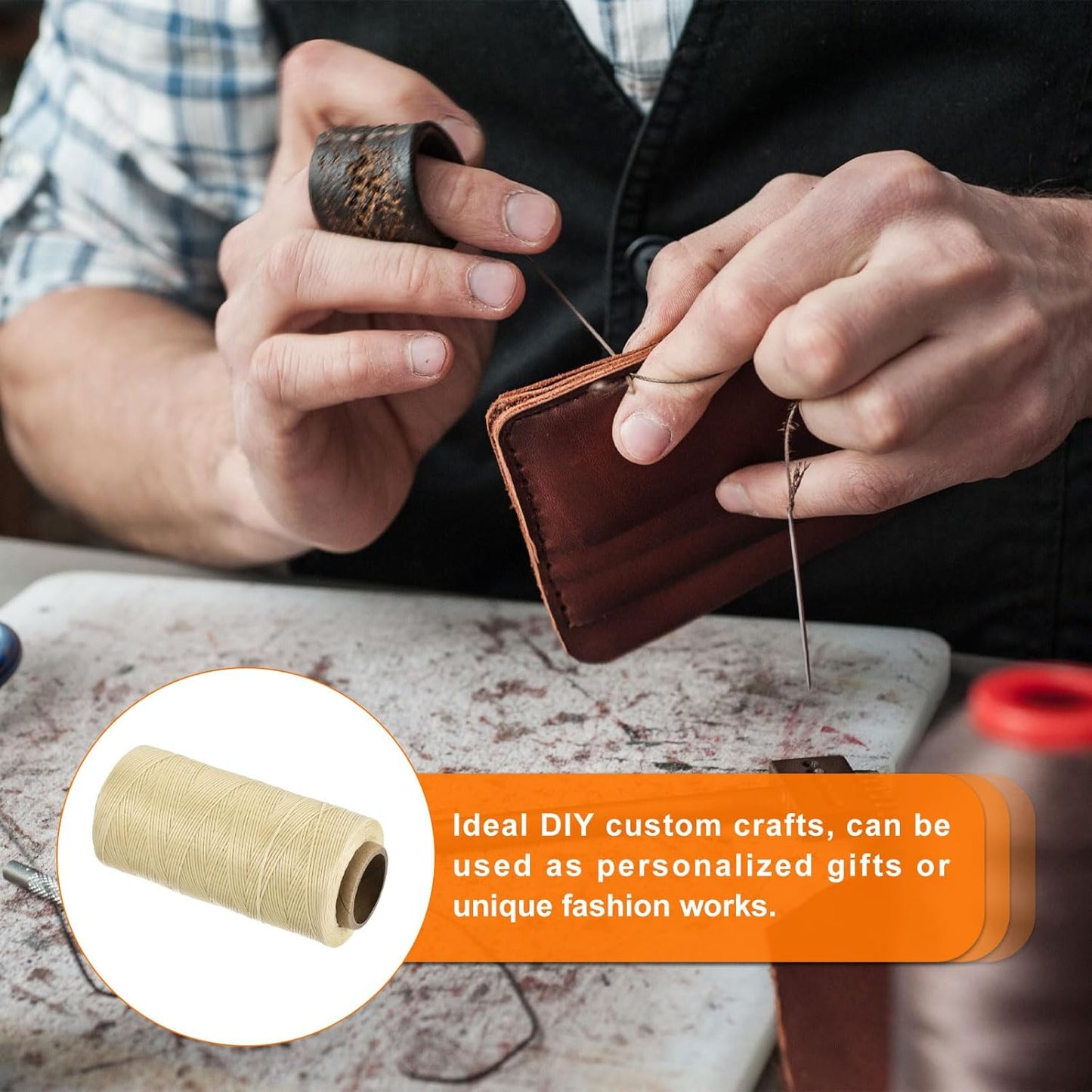 MECCANIXITY Waxed Thread,197 Yard 1mm 210D Flat Wax Thread Polyester Waxed String for Leather Sewing Hand Weaving Book Binding Home Decoration,Beige