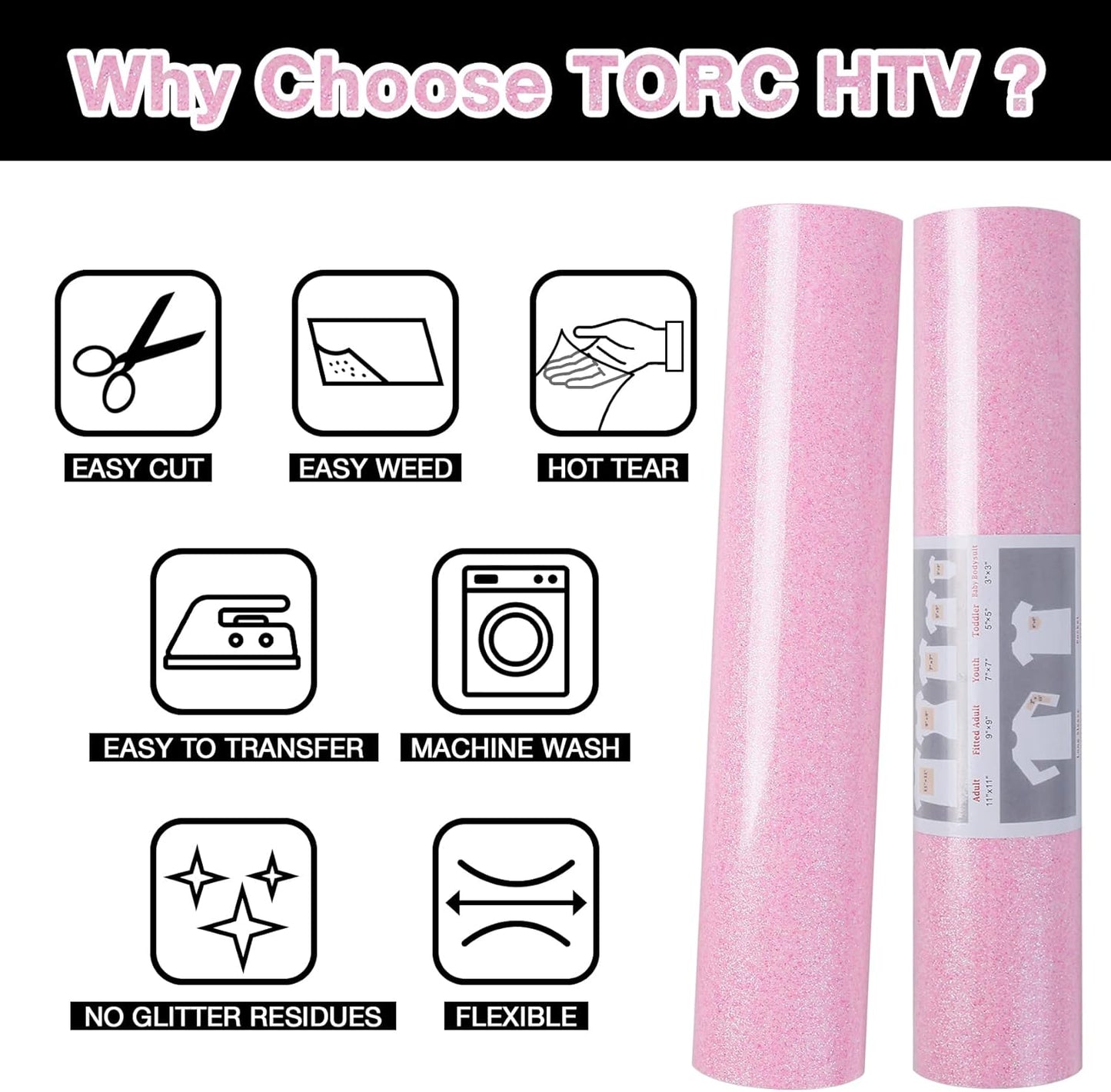 TORC Pink Glitter HTV Heat Transfer Vinyl Large Roll 12 inch x 20 ft Sparkly Iron on Vinyl for T Shirts Crafts