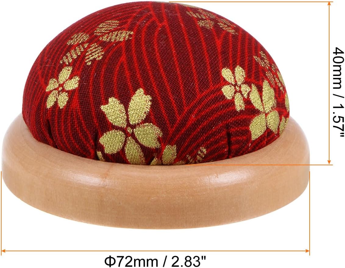 HARFINGTON Pin Cushion Wooden Base Japanese Style Round Pincushion Needle Holder for Sewing Quilting Needlework DIY Crafts, Dark Red