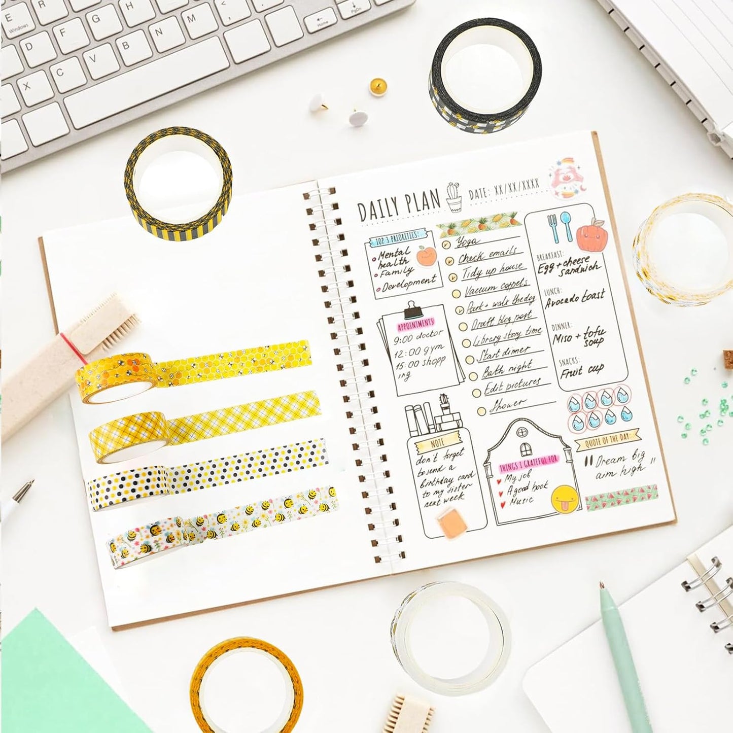12 Rolls Bee Washi Tape Set, Bumblebee Daisy Masking Tapes, Yellow Black Plaid Polka Dot Decorative Washi Tape for Spring Summer Scrapbook Journal DIY Art Craft Gift Wrapping, 16.4FT