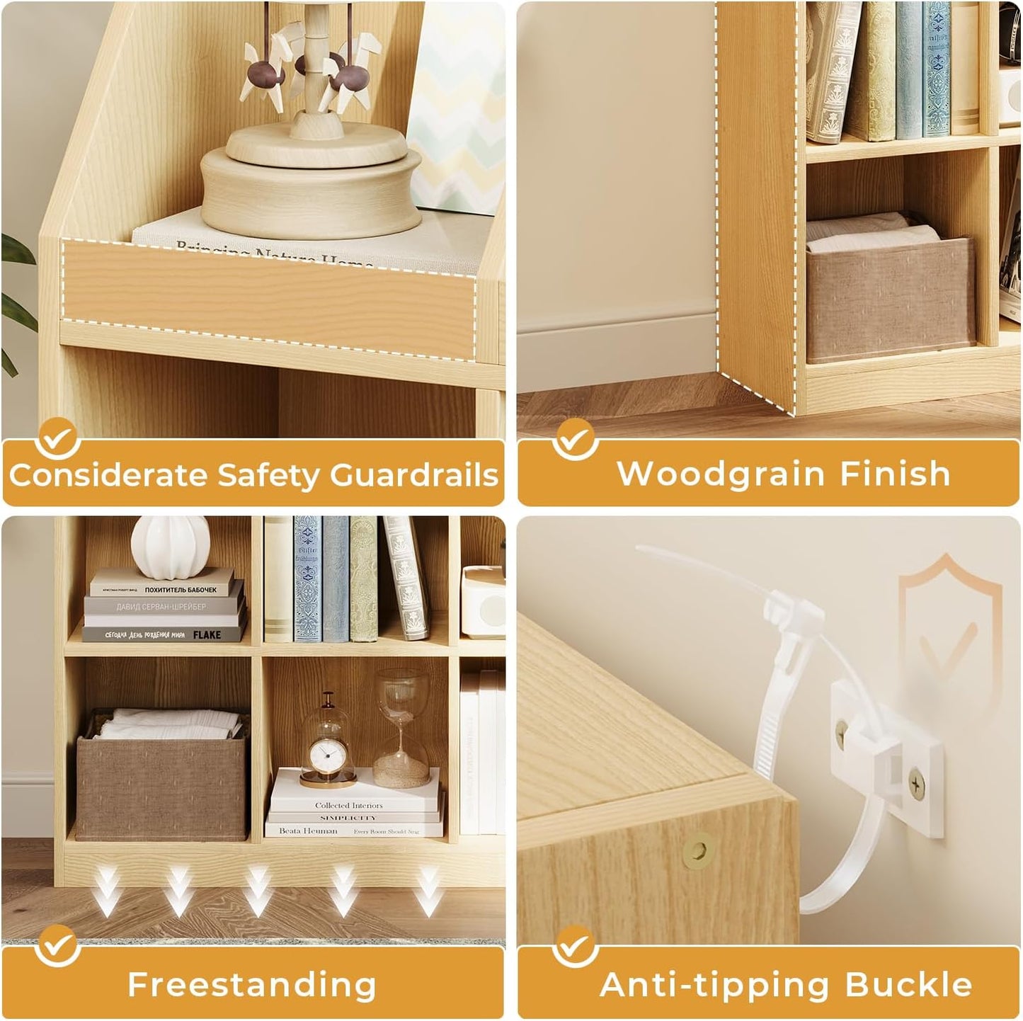 12-Cube Wooden Storage Bookcase - 11-Inch Open Shelf Cabinet, Simple Modern Bookshelf Organizer for Home Office, Living Room, Oak