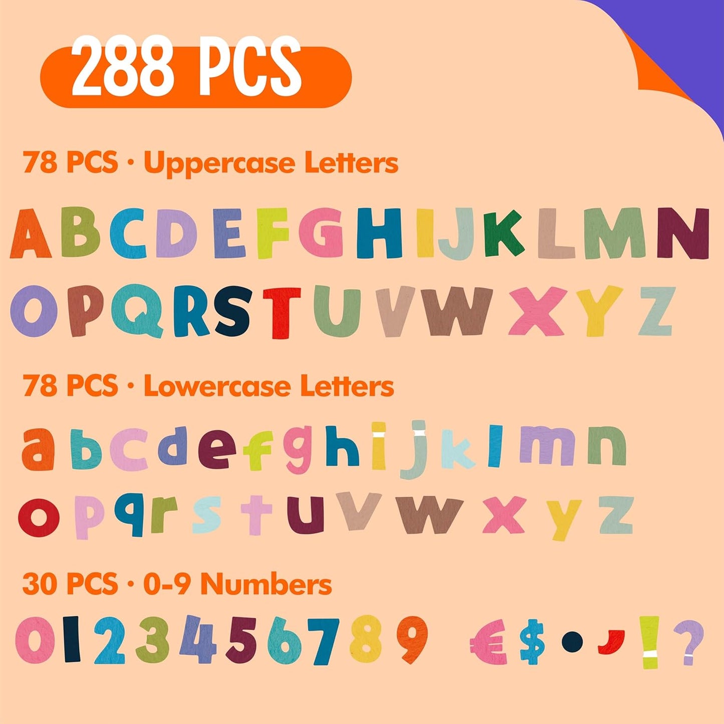 288 PCS Alphabet Combo Set, Large Size Letters Uppercase/Lowercase Letters, Numbers & Punctuation, Accents Cutouts for Classroom Home School Room Chalkboard Bulletin Board