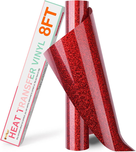 HTVRONT Red Glitter HTV Vinyl Roll - 10" x 8ft Red Glitter Iron on Vinyl for All Cutting Machine, Glitter Heat Transfer Vinyl for T Shirts - Easy to Cut & Weed & Transfer (Red Glitter)