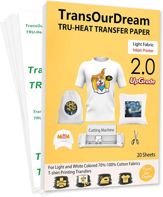 TransOurDream Upgraded Iron on Heat Transfer Paper for T Shirts (20 Sheets, 8.5x11") Iron on Transfers for Light Fabric Printable Heat Transfer Vinyl for Inkjet Printer (TOD-4)