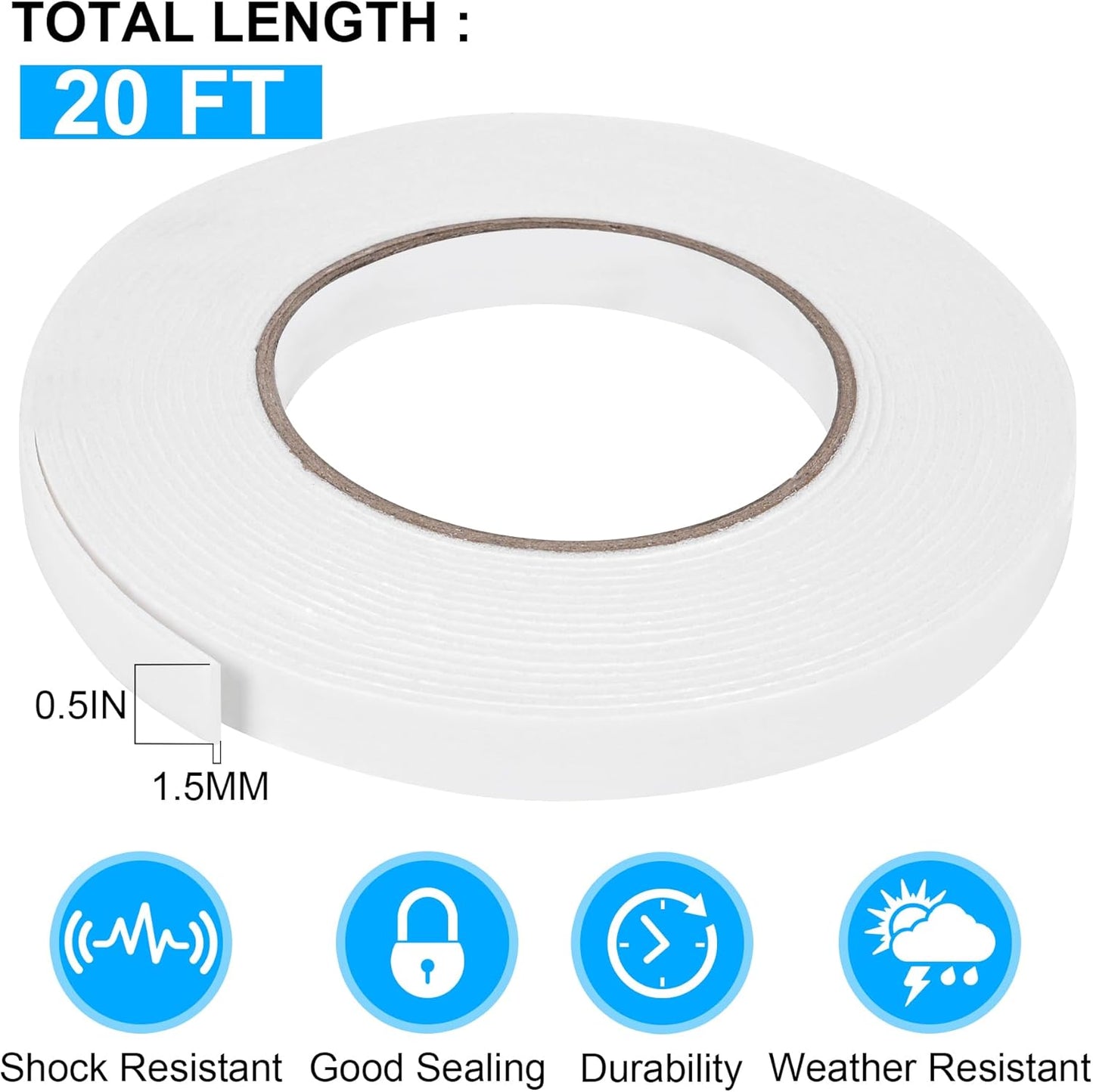 ToLanbbt Double Sided Foam Tape 0.5In x 20FT, Mounting Tape Heavy Duty, Strong Adhesive Weatherproof Seal Strips for DIY Craft Picture Poster, Car & Gap Filling Mountings, Home Office Decor (White)