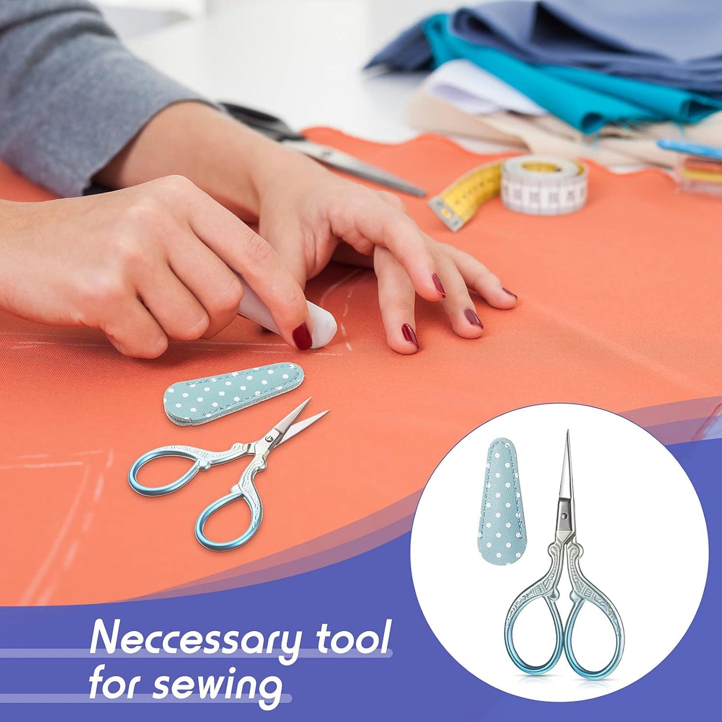 Honoson 4 Pcs Sewing Embroidery Scissors with 4 Pcs Artificial Leather Cover 3.6 Inch Stainless Steel Stork Scissors Vintage Embroidery for Needlework Manual Sewing Handicraft(Retro Colors)