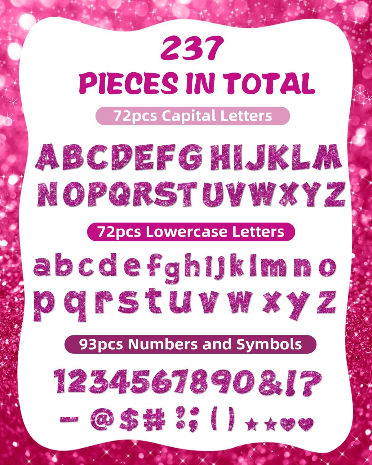 237 Pcs Glitter Bulletin Board Letters, Numbers and Punctuation, Poster Board Letters Alphabet Cut Out Cardboard Letters Accessories for Classroom Display Decorating Supplies 4inch (Hot Pink)