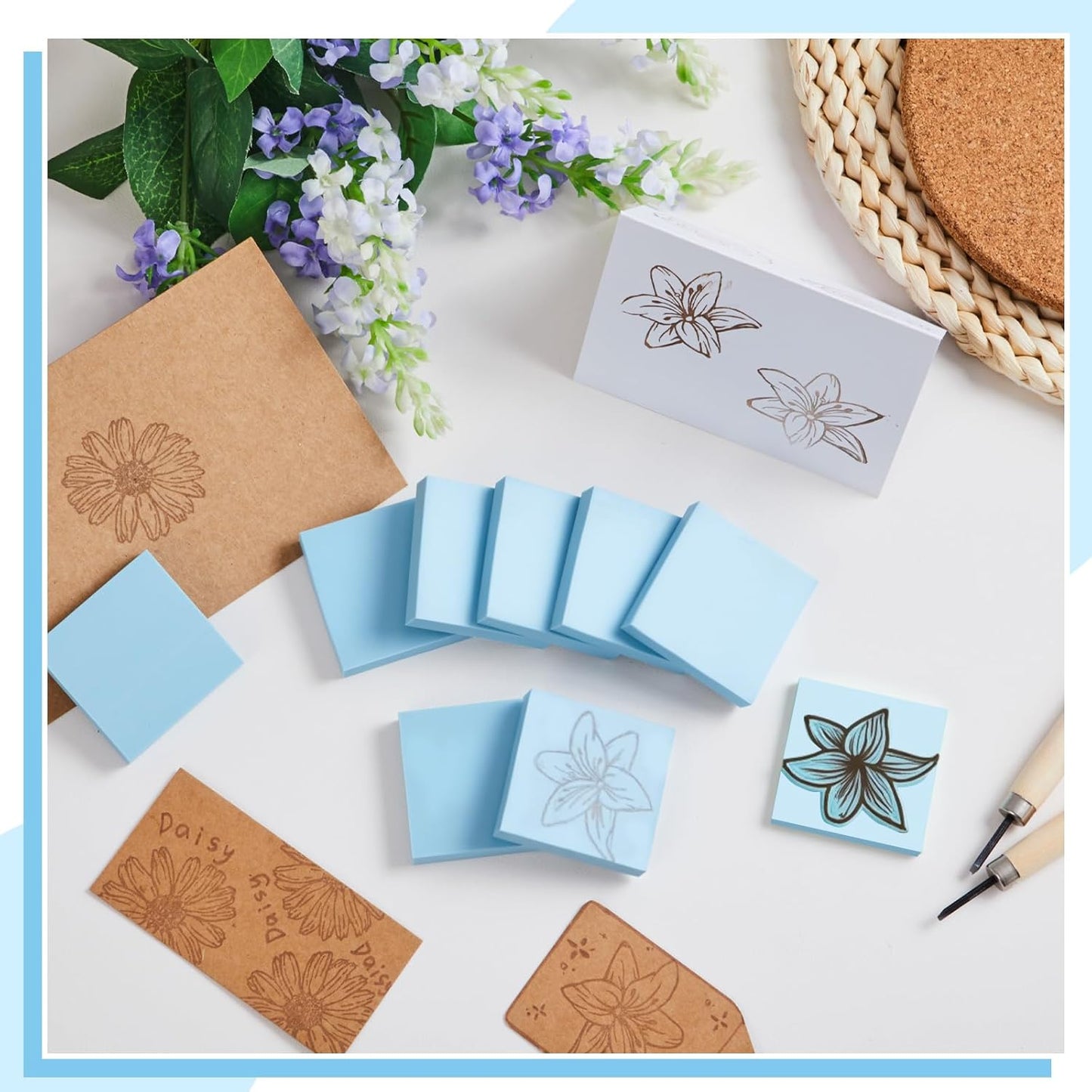 Frienda 24 Pcs 2" x 2" Rubber Carving Blocks Linoleum Blocks for Printmaking, Stamp Making, DIY Crafting, Scrapbook, Painting, Soft and Easy to Carve (Light Blue)