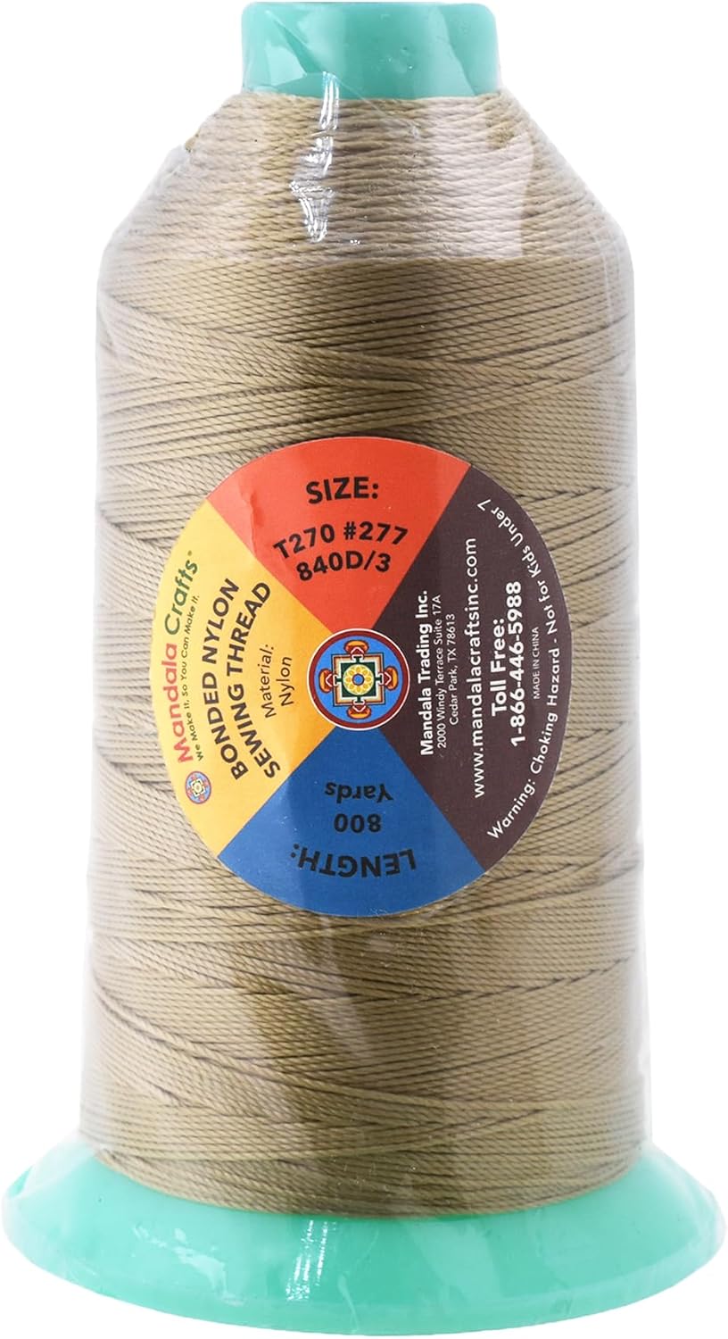 Mandala Crafts Bonded Nylon Thread Dark Beige Heavy Duty Sewing Threads - 800 YDs Size 277 840D T270 Tex 270 Thread for Leather Jeans Weaving Outdoor Marine Upholstery Threads