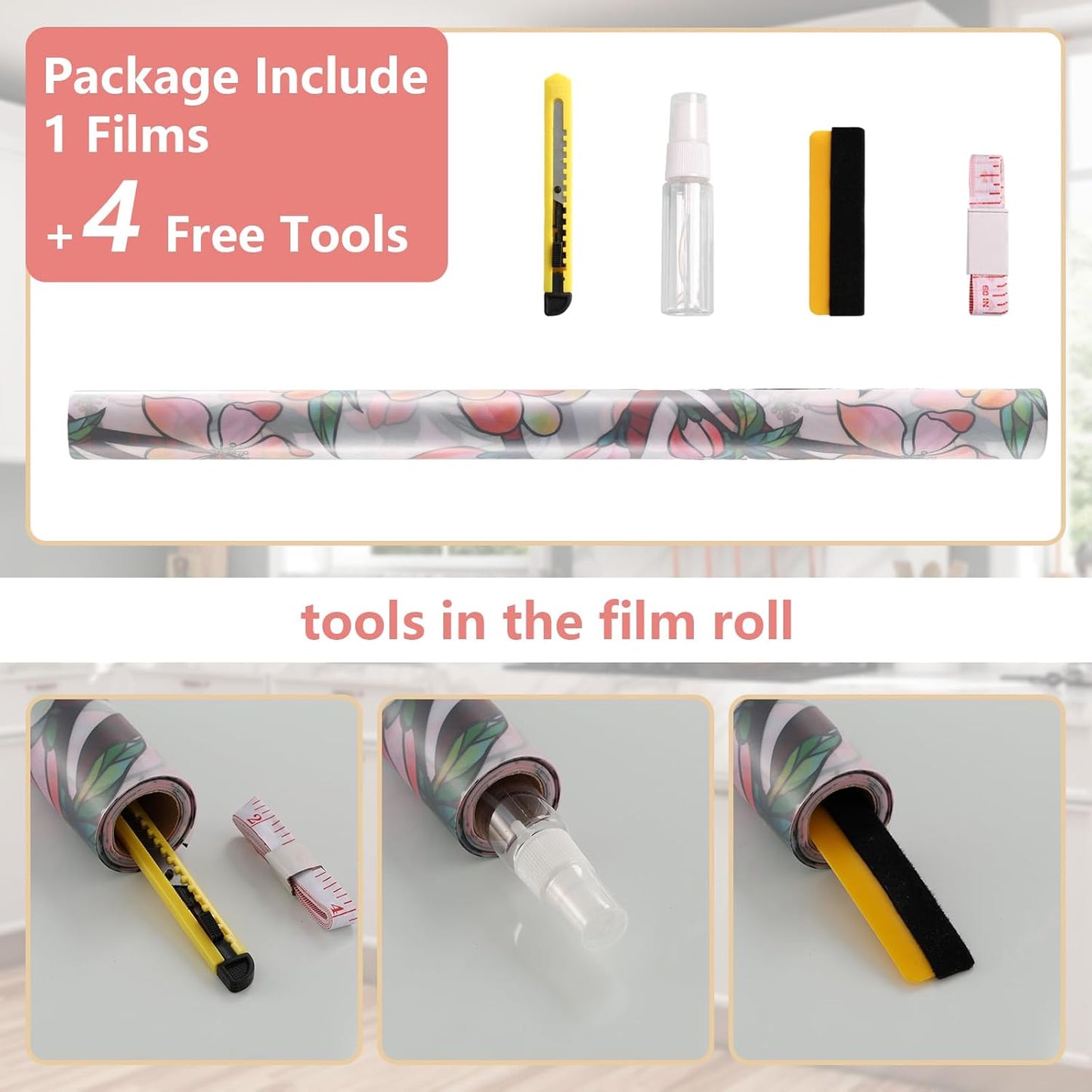 NINETREX Window Privacy Film,3D Stained Glass Window Film,Rainbow Static Cling Stickers Blocks Heat & UV,Non-Adhesive Vinyl for Home Door (Peach Blossom,17.5 x 78.7inch)