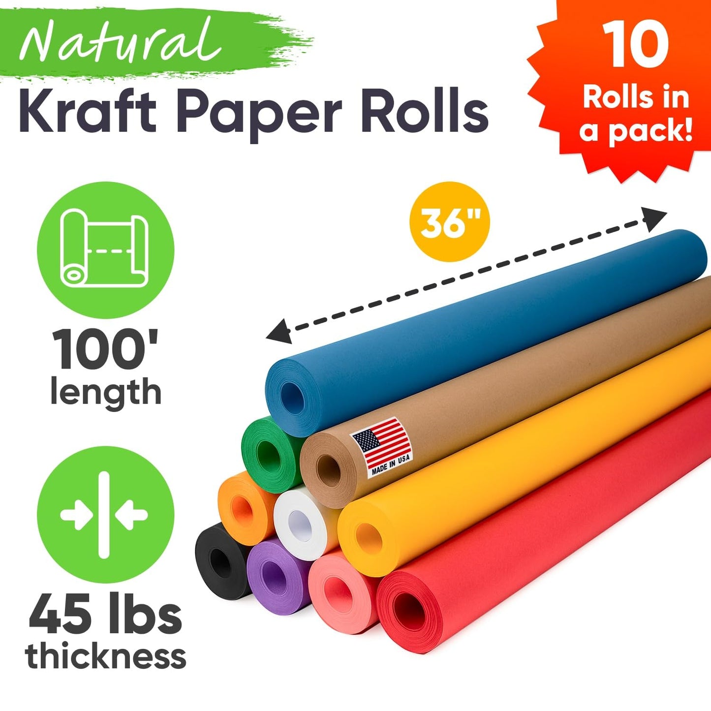 36" x 1200" (100 ft) Pack of 10 Rolls USA-Made Multi-Color Kraft Paper, 45 lbs/66 GSM – Colored Kraft Paper for Packing, Crafts, DIY Projects, Gift Wrapping – Non-Toxic, Safe for Kids