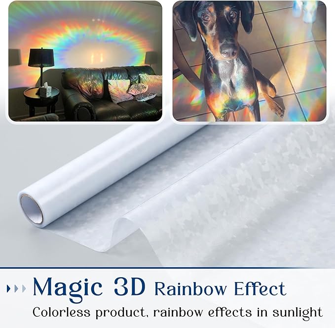 Haton Window Privacy Film Rainbow Film Stained Glass Window Clings, 3D Decorative UV Sun Blocking Sticker, Static Cling Removable Heat Control Tint for Home Door, 17.5" x 78.7" Non-Adhesive