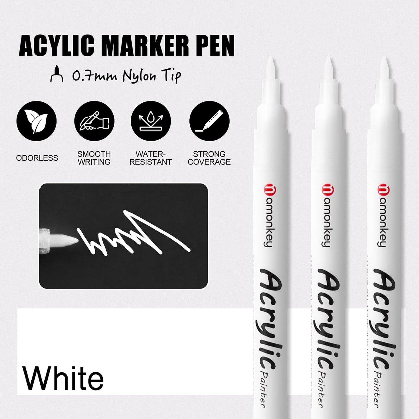 White Paint Marker Pens 6 Pack 0.7mm Extra Fine Tip, Permanent Acrylic Ink for Rock, Wood, Metal, Glass, Ceramic, Plastic, Canvas, Pens for DIY Crafts, Art & Fine Detailing