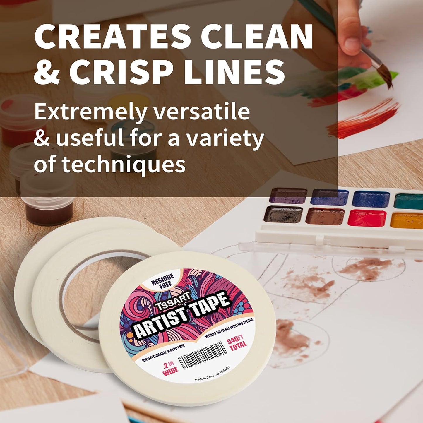 3 Pack White Artist Tape - Masking Artists Tape for Drafting Art Watercolor Painting Canvas Framing - Acid Free 0.2 Inch Wide 180FT Long