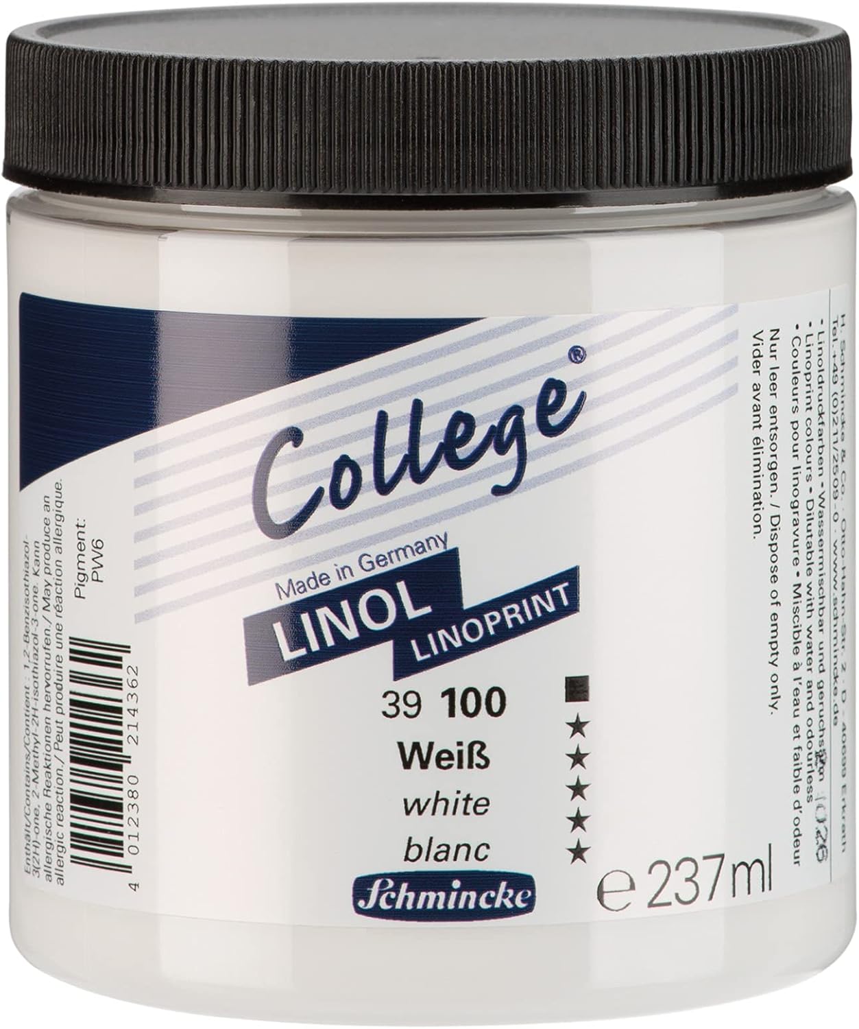 Schmincke - College Linol, artists' lino printing inks, white 237 ml, 39100053, low-odour water-based lino printing ink, lightfast, even print