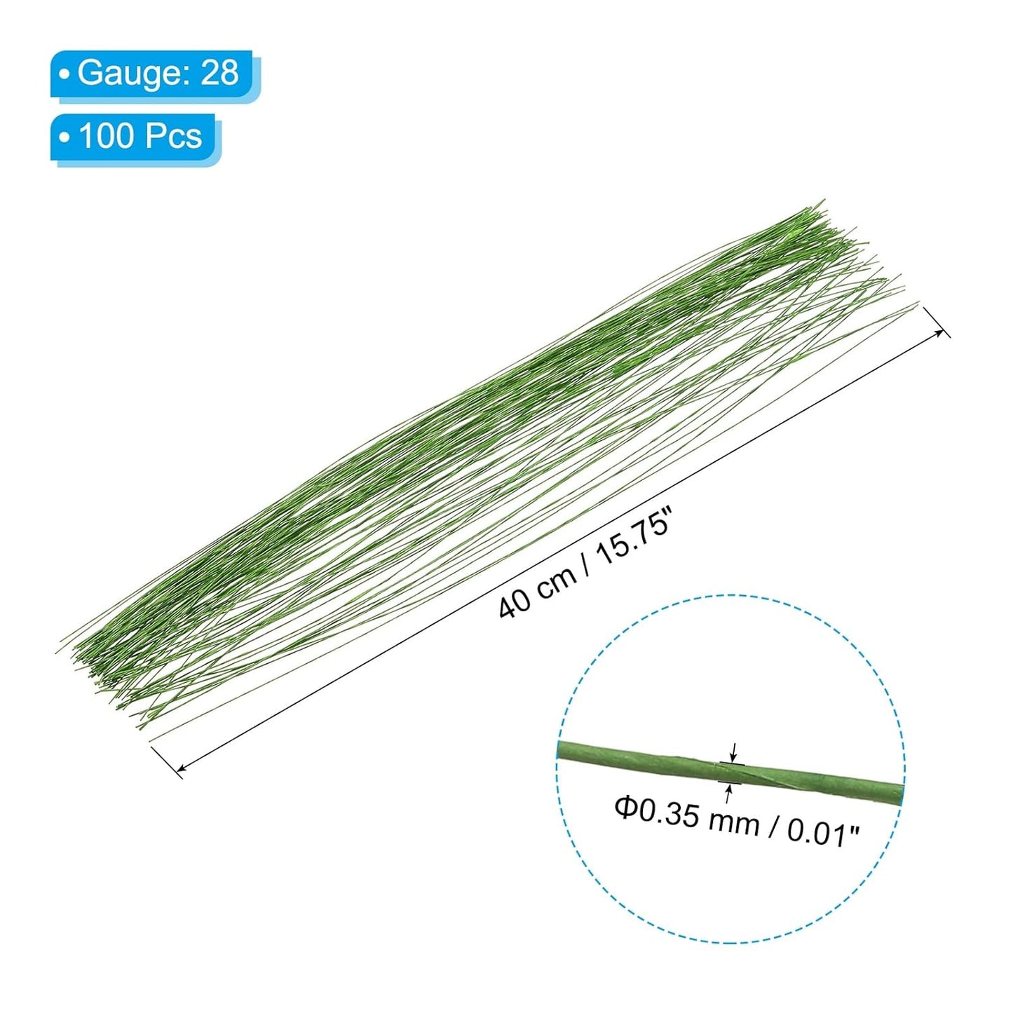 PATIKIL 28 Gauge 16" Floral Stem Wire, 100 Pcs Paper Wrapped Iron Artificial Flower Stem Accessories for DIY Bouquet Stem and Craft Decoration, Light Green