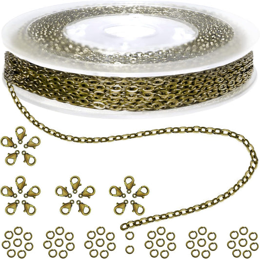Jishi 33ft Link Cable Chain Roll 2mm, Bronze Chain for Jewelry Making Necklace Earring Bracelet DIY Craft Jewelry Making Findings Supplies, Bronze Plated Iron Metal Rolo Necklace Chain Spool Set