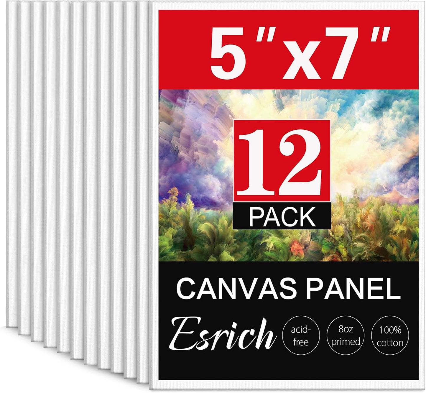 ESRICH 5x7IN Small Canvases for Painting,12 Pack Mini Canvas Boards Cotton Painting Canvas Primed Acid Free Mini Blank Canvas Panels for Oil Paint,Watercolor,Acrylic Paint,Gouache&Tempera.