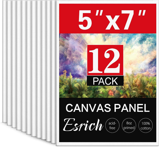 ESRICH 5x7IN Small Canvases for Painting,12 Pack Mini Canvas Boards Cotton Painting Canvas Primed Acid Free Mini Blank Canvas Panels for Oil Paint,Watercolor,Acrylic Paint,Gouache&Tempera.