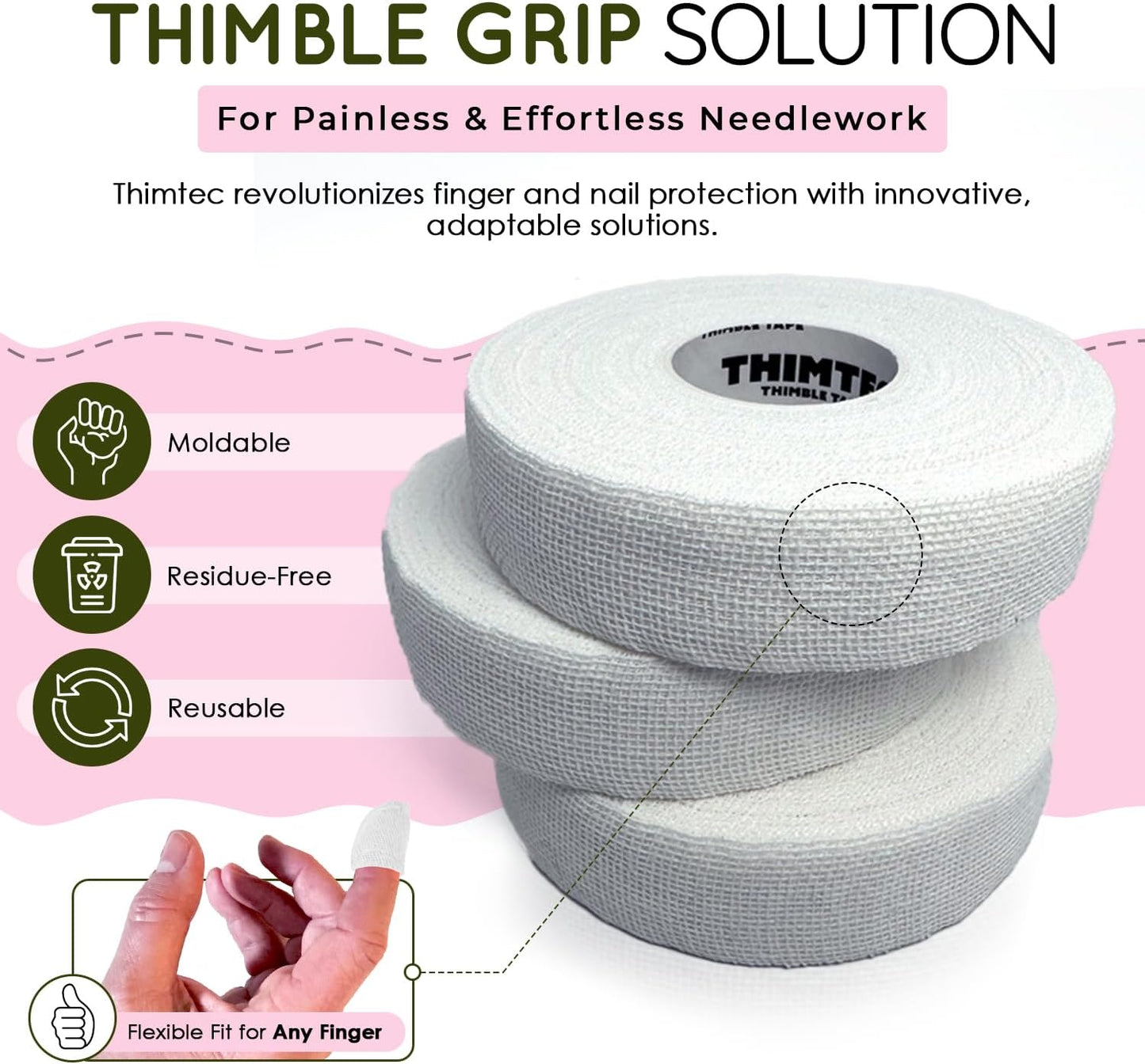 THIMTEC - The Original Thimble Tape for Hand Sewing - Fully Adjustable Nail & Finger Protector - A Smarter Alternative to Classic Knitting Thimbles -White Cloud, 3-Pack