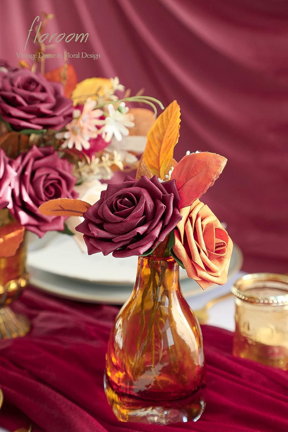 Floroom Artificial Flowers 16pcs 3.5" Real Looking Burgundy Foam Fake Hybrid Tea Roses with Stems for DIY Red Wedding Bouquets Bridal Shower Centerpieces Floral Arrangements Party Tables Decoration