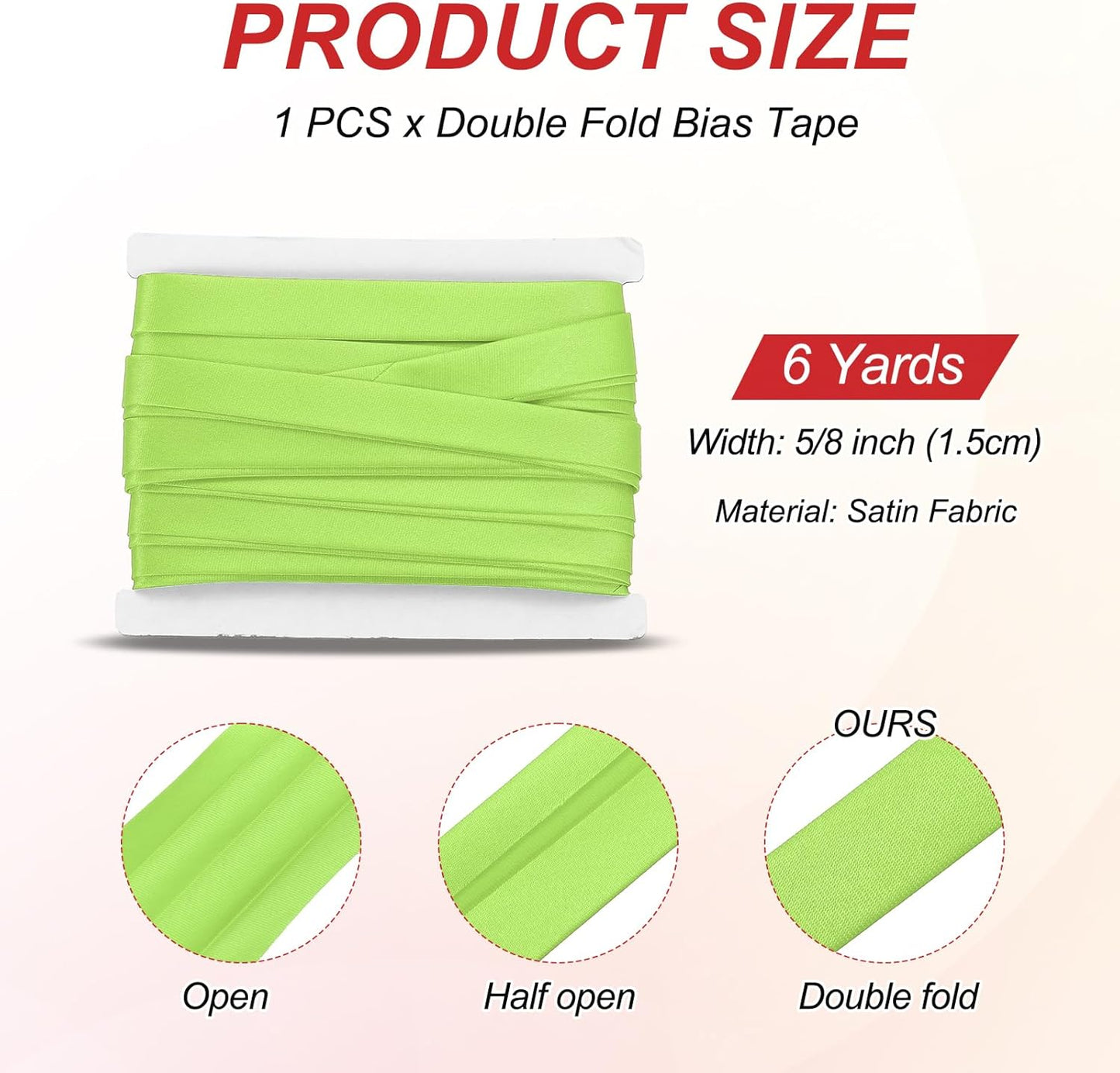 MECCANIXITY Double Fold Bias Tape for Sewing 5/8 Inch x 6 Yards Satin Pre-fold Continuous Binding Tape for Seaming Quilting Hemming Binding DIY Crafts, Green