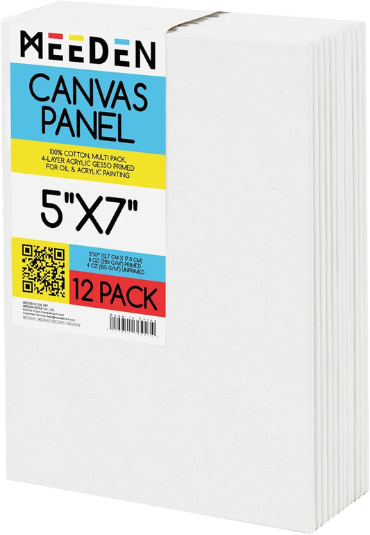 MEEDEN 12-Pack 100% Cotton Canvas Boards for Painting - 5x7'' Blank Canvas Panels for Oil & Acrylic Painting, Ready to Paint Art Supplies for Professional Artists, Students