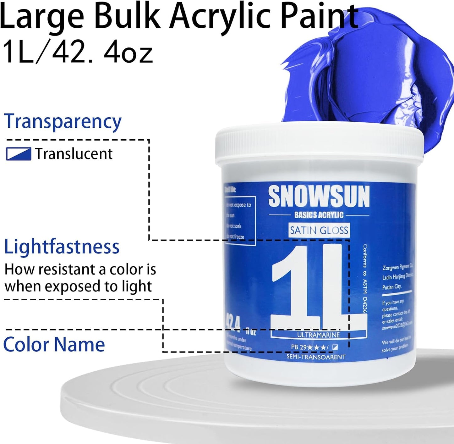 SNOWSUN Ultramarine Acrylic Paints, Large Bulk Heavy Body Acrylic Paint (42.4 oz, 1L) - Non Toxic Gloss Thick Art Paint for Multi-Surface, Ideal for Canvas Wood Ceramic Fabric and Leather, Stone Craft, for Artists & Beginners