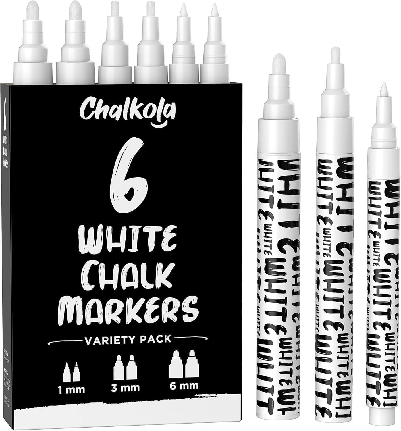 Chalkola White Chalk Markers - White Dry Erase Liquid Chalk Pens for Chalkboard, Blackboard, Window, Bistro, Car Glass, Board, Signs - Variety Pack of 6 - (2x) 1mm, 3mm & 6mm