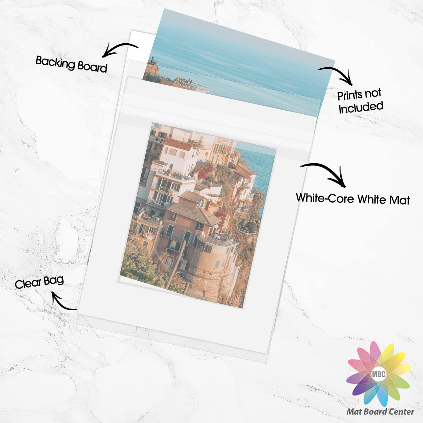 Mat Board Center, Pack of 25, 16x20 for 11x14 White Picture Mat Sets - Acid Free, 4-ply Thickness, Bevel Pre-Cut White Core - Includes Backing Boards and Clear Bags - for Pictures, Photos, Framing