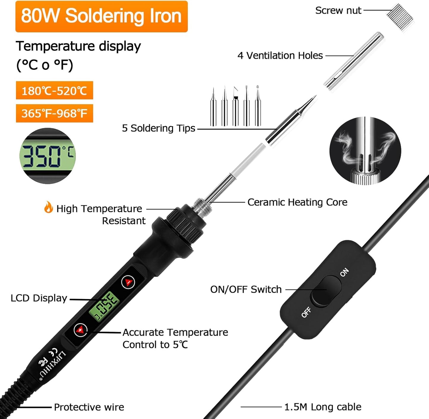 Soldering Iron Kit 80W LCD Adjustable Temperature 180-520℃ Solder Kit Electronics 13 in 1 Welding Tools with ON/OFF Switch, Solder Wire, Flux, 5 Soldering Tips, Desoldering Pump, Stand, Tweezers