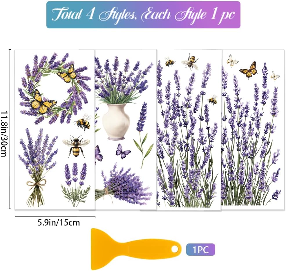 GLOBLELAND 4 Sheets Lavender Furniture Transfer 6x12inch Butterfly and Bee Rub on Transfer Sticker UV Self-Adhesive Wall Art Craft for Bedroom Living Room Desk Table Decoration