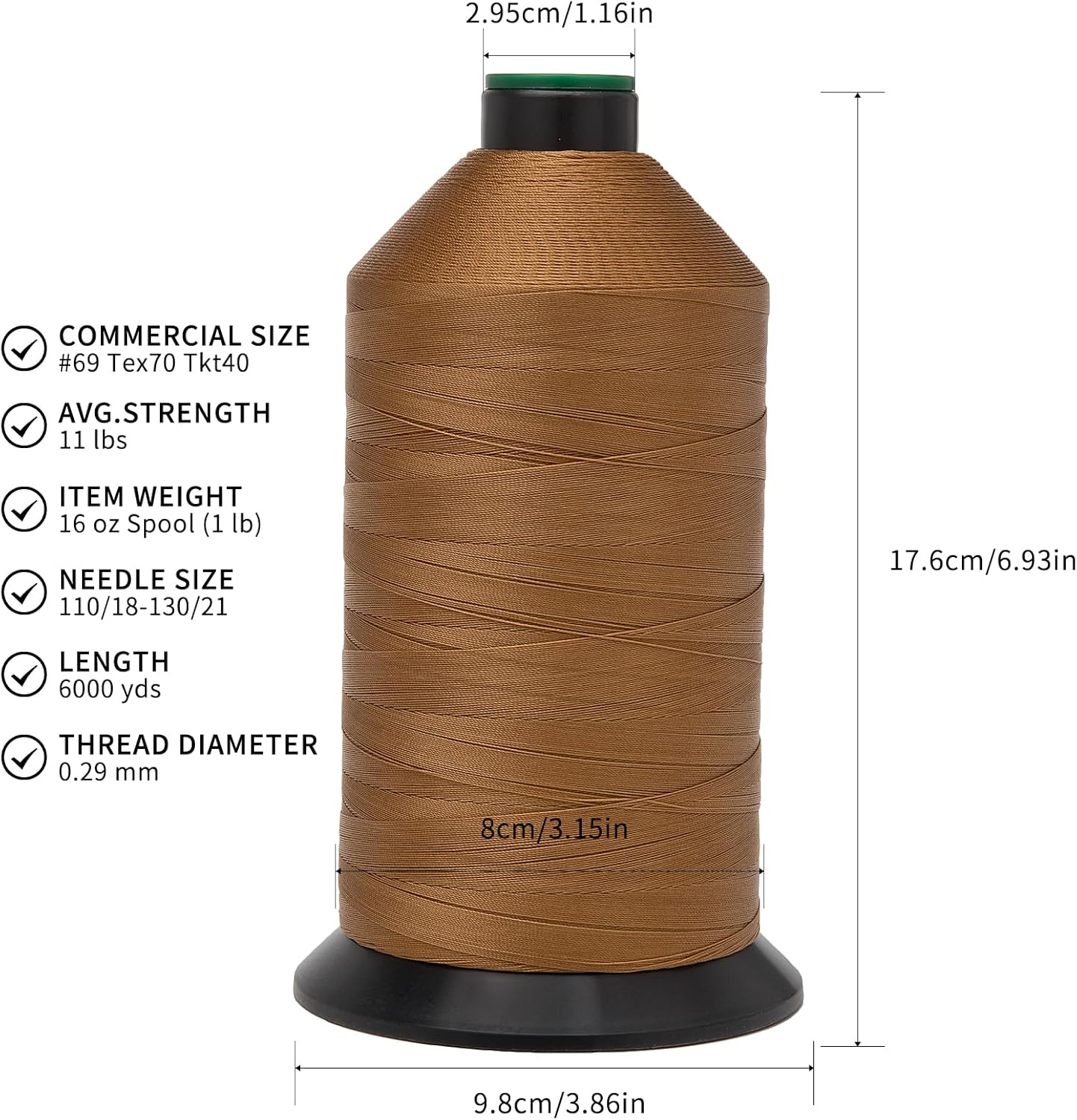 Extra Strong Bonded Nylon Thread #69 Tex70 – 16 OZ, 6000yds, Versatile Stitching Solution for Leather, Upholstery, Canvas Repair and More (Caramel)