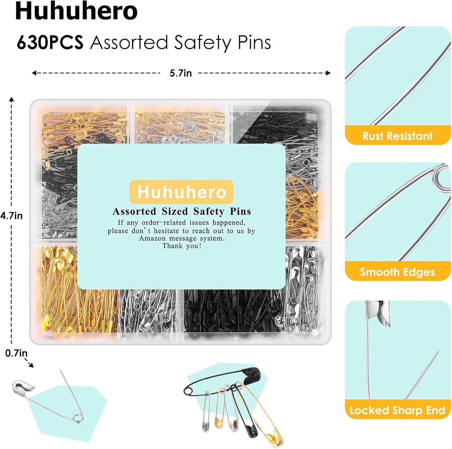 630 Pack Safety Pins Assorted, 5 Different Sizes Small and Large Safety Pin for Clothes Pins Sewing, Nickel Plated Steel, Arts and Crafts Supplies (3 Colors)