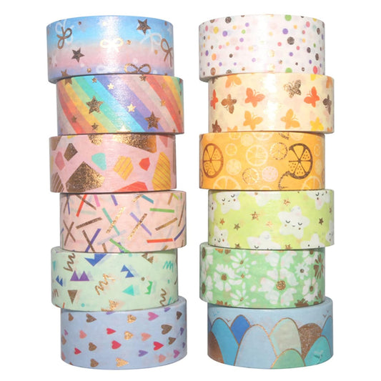 Candy Color Washi Tape Set 12 Rolls Bronzing Decorative Holiday Arts and Craft Washi Masking Tapes for Scrapbooking,Bullet Journal, Planner,Gift Wrapping, Stationery